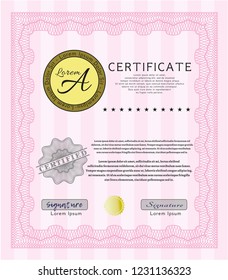 Pink Certificate template. With background. Artistry design. Vector illustration. 
