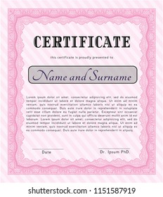 Pink Certificate template. With background. Detailed. Money style design. 