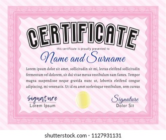 Pink Certificate template. With background. Elegant design. Vector illustration. 