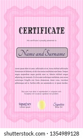 Pink Certificate template. With background. Money style design. Detailed. 