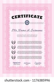 Pink Certificate template. With complex background. Nice design. Detailed. 