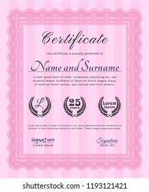 Pink Certificate template. With complex linear background. Customizable, Easy to edit and change colors. Cordial design. 