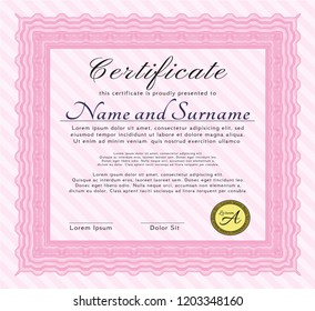 Pink Certificate template. With complex linear background. Good design. Detailed. 