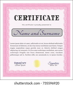 Pink Certificate template. With complex linear background. Detailed. Good design. 