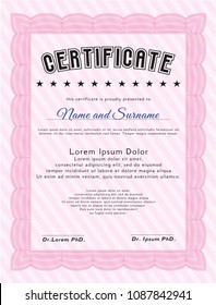  Pink Certificate template. Cordial design. Vector illustration. With great quality guilloche pattern. 