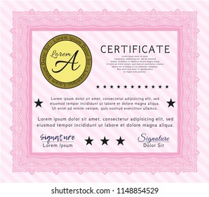 Pink Certificate template. Cordial design. Detailed. With guilloche pattern and background. 