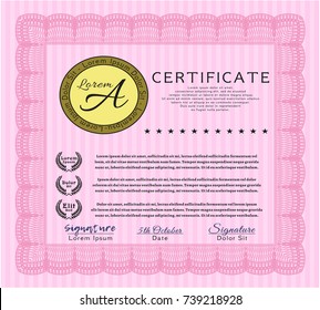 Pink Certificate template. Cordial design. With guilloche pattern and background. Detailed. 