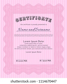 Pink Certificate template. Customizable, Easy to edit and change colors. With great quality guilloche pattern. Retro design. 