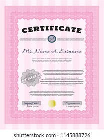 Pink Certificate template. Customizable, Easy to edit and change colors. Printer friendly. Sophisticated design. 