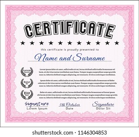 Pink Certificate template. Customizable, Easy to edit and change colors. With guilloche pattern and background. Good design. 