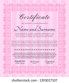 Pink Certificate template. Customizable, Easy to edit and change colors. Printer friendly. Cordial design. 