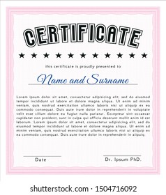 Pink Certificate template. Customizable, Easy to edit and change colors. With complex linear background. Money Pattern. 