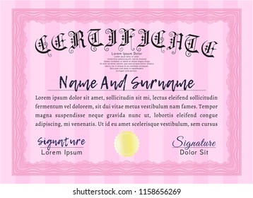 Pink Certificate template. Detailed. Complex background. Elegant design. 