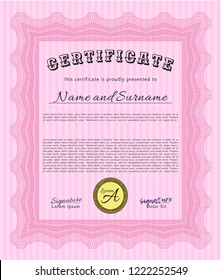 Pink Certificate template. Detailed. With complex background. Elegant design. 