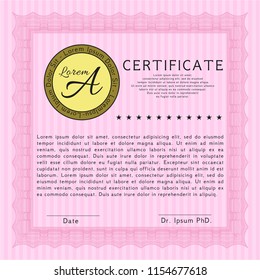 Pink Certificate template. Detailed. With guilloche pattern and background. Superior design. 