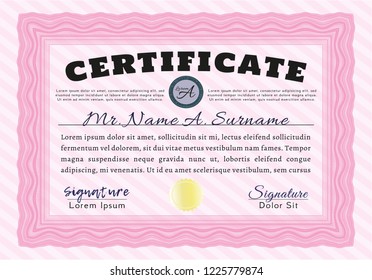 Pink Certificate template. Detailed. With guilloche pattern. Perfect design. 