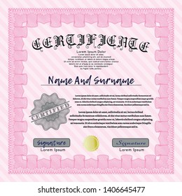 Pink Certificate template. Detailed. With guilloche pattern. Cordial design. 