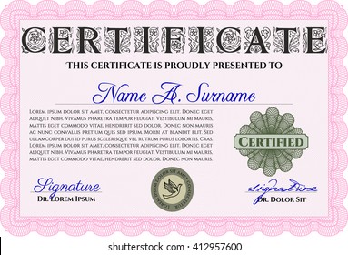 Plantilla de certificado rosa. Detallado. Fácil de imprimir. Buen diseño. 