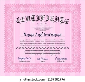 Pink Certificate template or diploma template. Artistry design. Detailed. With great quality guilloche pattern. 