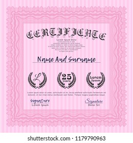Pink Certificate template or diploma template. With background. Detailed. Money design. 