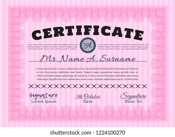 Pink Certificate template or diploma template. With background. Cordial design. Detailed. 