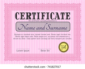 Pink Certificate template or diploma template. With background. Money Pattern. Vector illustration. 