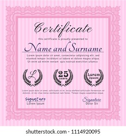 Pink Certificate template or diploma template. With complex background. Detailed. Excellent design. 