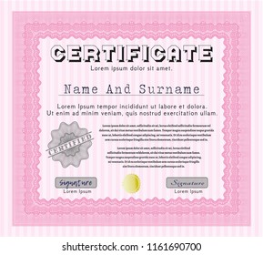 Pink Certificate template or diploma template. With complex linear background. Cordial design. Vector illustration. 