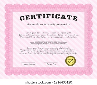 Pink Certificate template or diploma template. With complex linear background. Vector illustration. Excellent design. 