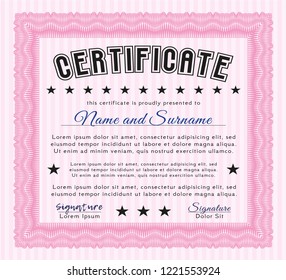 Pink Certificate template or diploma template. Complex background. Artistry design. Customizable, Easy to edit and change colors. 