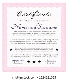 Pink Certificate template or diploma template. With complex linear background. Money Pattern. Customizable, Easy to edit and change colors. 