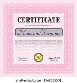 Pink Certificate template or diploma template. With complex linear background. Money Pattern. Customizable, Easy to edit and change colors. 