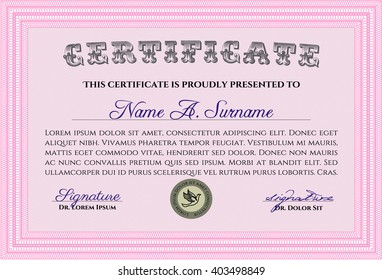 Plantilla de certificado rosa o plantilla de diploma. Fondo complejo. Patrón vectorial que se utiliza en moneda y diplomas.Diseño superior. 