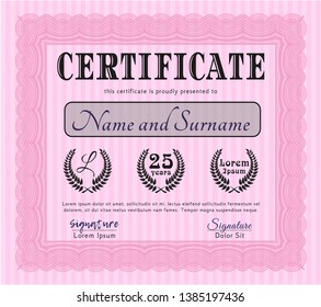 Pink Certificate template or diploma template. Cordial design. Vector illustration. With linear background. 