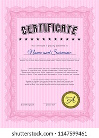 Pink Certificate template or diploma template. Customizable, Easy to edit and change colors. With great quality guilloche pattern. Nice design. 