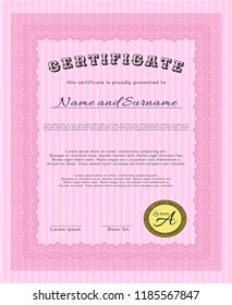 Pink Certificate template or diploma template. Customizable, Easy to edit and change colors. With complex background. Good design. 