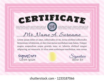 Pink Certificate template or diploma template. Customizable, Easy to edit and change colors. With guilloche pattern and background. Money design. 