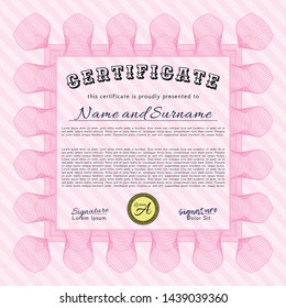 Pink Certificate template or diploma template. Customizable, Easy to edit and change colors. With great quality guilloche pattern. Money style design. 