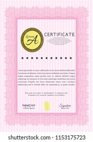 Pink Certificate template or diploma template. Detailed. With complex background. Elegant design. 