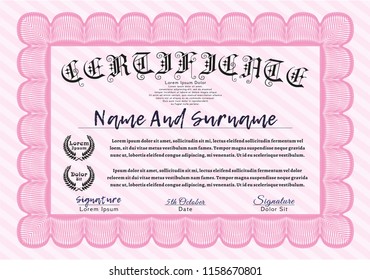 Pink Certificate template or diploma template. Detailed. Printer friendly. Beauty design. 