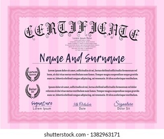 Pink Certificate template or diploma template. Detailed. Printer friendly. Cordial design. 