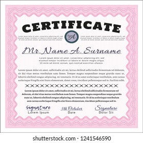 Pink Certificate template or diploma template. Easy to print. Vector illustration. Money design. 