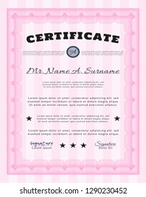 Pink Certificate template or diploma template. Easy to print. Vector illustration. Elegant design. 