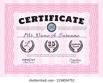 Pink Certificate template or diploma template. Elegant design. Printer friendly. Vector illustration. 