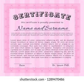 Pink Certificate template or diploma template. Good design. With guilloche pattern. Customizable, Easy to edit and change colors. 