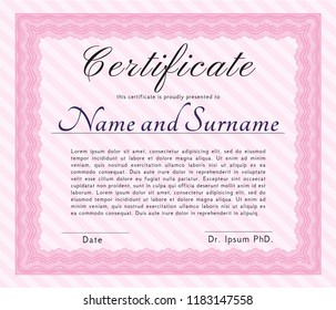 Pink Certificate template or diploma template. With guilloche pattern and background. Money style design. Customizable, Easy to edit and change colors. 