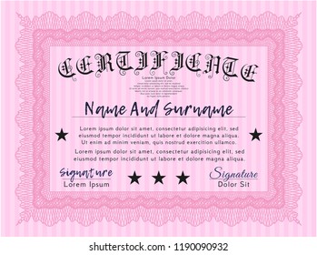 Pink Certificate template or diploma template. With guilloche pattern and background. Retro design. Detailed. 