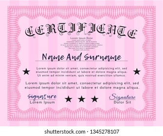 Pink Certificate template or diploma template. With guilloche pattern and background. Customizable, Easy to edit and change colors. Money style design. 