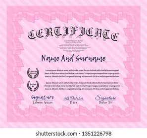 Pink Certificate template or diploma template. With guilloche pattern and background. Money design. Detailed. 