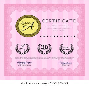 Pink Certificate template or diploma template. With guilloche pattern and background. Detailed. Good design. 